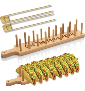Plateau de support de plaque de support de taco en bambou avec 2 pinces, support peut contenir 8 tacos à coque souple ou dure - Product Image 1