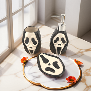 Ensemble de distributeur de savon en céramique à trois pièces sur le thème de la fête d'Halloween, ensemble de salle de bain, masque de mort, flacon pompe pour lotion - Product Image 1