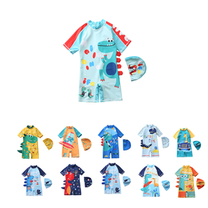 Traje de Baño de una Pieza con Mangas Cortas y Protección Solar para Niños Pequeños, Diseño de Dinosaurio de Dibujos Animados, con Gorro de Natación - Product Image 2