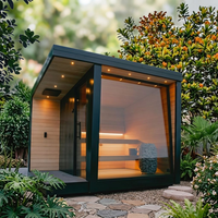 Kabin Sauna Luar Ruangan Kayu Solid Besar Desain Persegi Hitam, Atap Miring Tahan Cuaca, Koridor Luar 500mm, Pemanasan Cepat