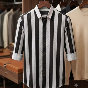 Chemise LAFAR pour homme avec motif à rayures verticales noires et blanches, manches longues, décontractée, boutonnée, tendance - Product Image 1