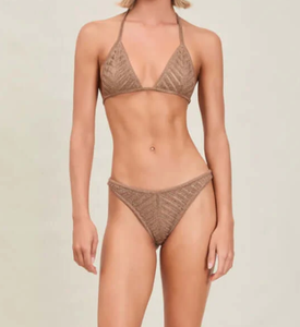 Maillot <span class=keywords><strong>de</strong></span> <span class=keywords><strong>bain</strong></span> deux pièces personnalisé taupe à rayures géométriques, tricoté ajouré, dos nu, triangle, avec franges et liens latéraux, <span class=keywords><strong>en</strong></span> tissu écologique brillant - Product Image 3
