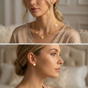 Nouveau design : Ensemble collier ras-du-cou et boucles d'oreilles à cinq trèfles, en acier inoxydable plaqué or 18 carats, inaltérable, bijoux pour femmes pour rendez-vous galants - Product Image 6