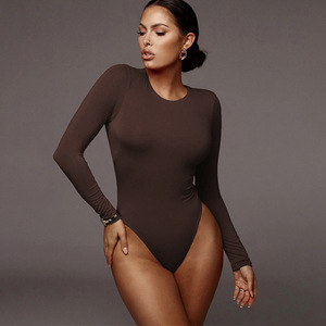 Body moulant marron pour femme, sexy, à manches longues, en spandex noir, pour le printemps, style resort, avec string - Product Image 2