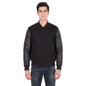 Veste universitaire entièrement noire pour homme, manches en cuir noir, style bomber Letterman, style baseball décontracté, vêtement d'extérieur chaud et tendance pour l'hiver - Product Image 1