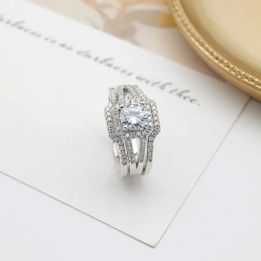 Wholesale solid silver jewelry 100% real 925 silver ring with CZ stones wedding and engagement rings set