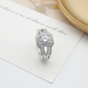 Wholesale solid silver jewelry 100% real 925 silver ring with CZ stones wedding and engagement rings set