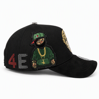 Casquette de baseball patchwork personnalisée noire avec motif, casquette snapback brodée avec appliques et détails en strass, style streetwear, fournisseur en gros