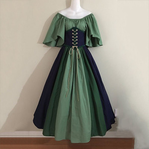 European Medieval Color-Blocked Off-Shoulder <b>Dress</b> With Flutter Sleeves Full Skirt Women's Cosplay Costume For Ethnic <b>Dance</b> - Product Image 2