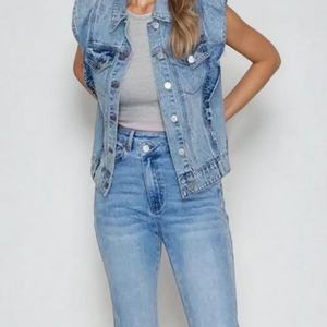 Chaleco de Verano para Mujer, Diseño OEM, Chaqueta sin Mangas a la Moda con Botones y Bolsillos Rectos, Camisa Vaquera - Product Image 2