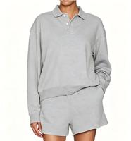 Ensemble de survêtement 2 pièces pour femme : Sweat-shirt à col polo, 2 boutons, manches longues et short à cordon de serrage à ourlet brut