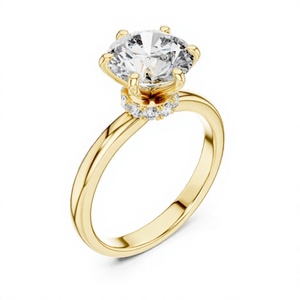 Anillo Solitario de Diamante CVD Cultivado en Laboratorio Personalizado, Banda Lisa con Halo Oculto Redondo, Oro Sólido de 14K, Regalo de Boda y Aniversario - Product Image 1