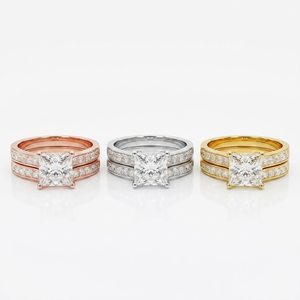 925 Silver Gold Plated Two-Piece Ring Set Three Plated Moissanite Engagement Ring Princess Square Cut Central Stone <b>Halo</b> Unisex - Product Image 1