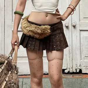 Women Faux Fur Waist Pleated <b>Mini</b> <b>Skirt</b> Eyelet Lace Up Design Low Waist Street Style Slim Fit Fashion Short <b>Skirt</b> - Product Image 2