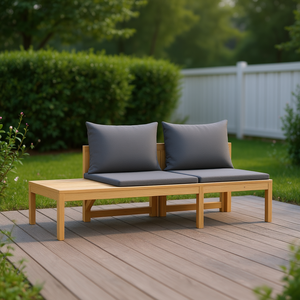 Grey <b>Garden</b> <b>Bench</b> Natural Wood 2 Seater <b>With</b> <b>Cushions</b> Outdoor Patio Furniture Model D0100HXBWL8 - Product Image 2