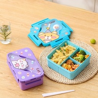 Boîte à lunch scolaire carrée en plastique, mignonne, à 3 compartiments, avec cuillère et baguettes