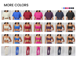Ensemble de yoga 4 pièces personnalisé avec logo – Tenue de <span class=keywords><strong>sport</strong></span> d'été respirante pour <span class=keywords><strong>femme</strong></span> : T-<span class=keywords><strong>shirt</strong></span>, leggings évasés et soutien-gorge de <span class=keywords><strong>sport</strong></span> - Product Image 2
