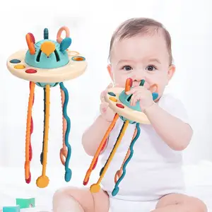 Çok fonksiyonlu pompalama müzik çocuk erken öğrenme eğitim çekme uçan daire şekli silikon bebek duyusal oyuncak