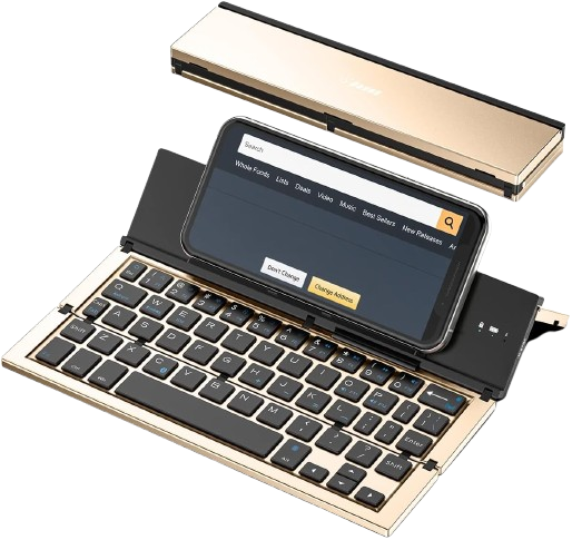 CE ROHS Rechargeable Aluminum Foldable bluetooth Keyboard with Phone Stand & Long Battery.