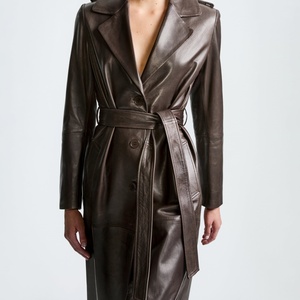 Abrigo de cuero largo de otoño con cinturón, bolsillos grandes, cintura ajustable, estilo moderno, chaqueta cortavientos de un solo botón - Product Image 2