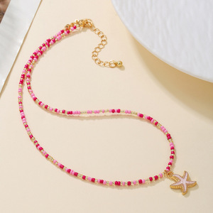 Glass Seed Bead <b>Necklace</b> Women <b>Pink</b> Red Starfish Pendant Adjustable Resort Style Fashion Jewelry Gift - Product Image 1