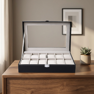 Estuche para Relojes de Cuero Sintético Negro con 10 Ranuras, Interior de Gamuza Sintética, Cierre a Presión, a Prueba de Polvo, Forma Rectangular - Product Image 4
