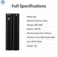 Grabadora de Voz Q20 con Clip, Grabación de 24 Horas en Formato WAV, Aleación de Aluminio, Cable de Audio de 3.5mm, Recargable, 2 Modos, Grabación con un Toque