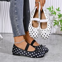 Chaussures plates Mary Jane à pois pour femmes, ballerines à bout rond avec nœud décoratif et bride élastique, chaussures habillées vintage en satin à talon bas