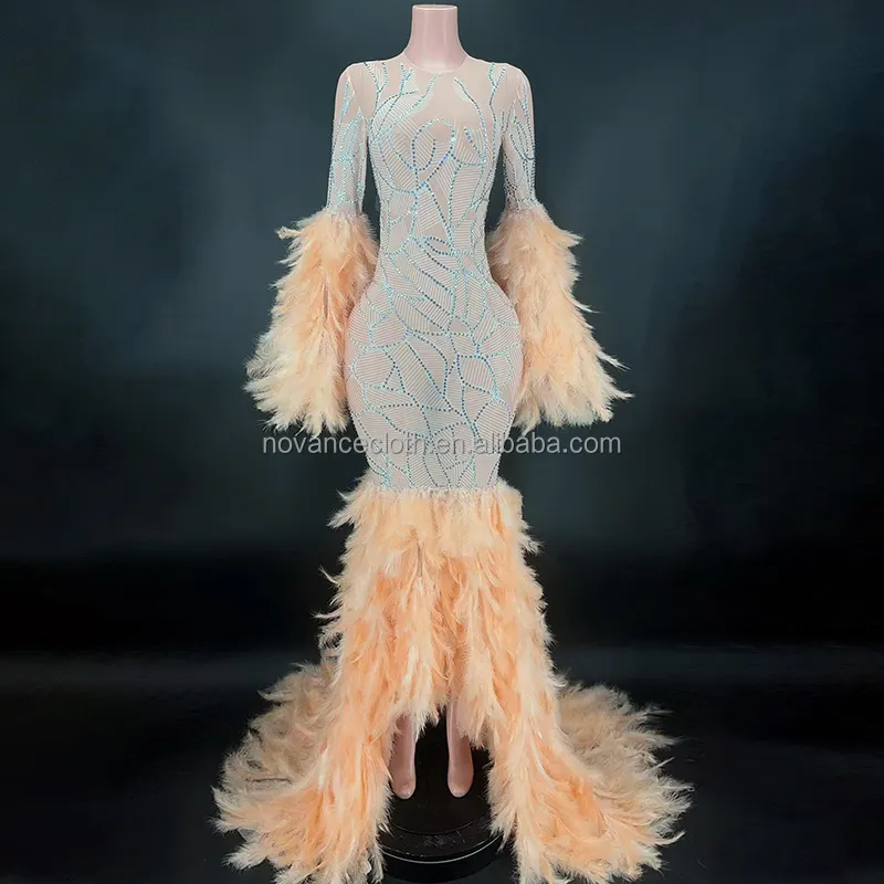 NOCANCE Y2682 happy new year 2023 shiny diamonds orange feathers elegant evening gown cocktail dresses for prom party
