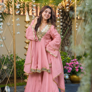 <b>Pink</b> Embroidered Shawl with Mirror Work Traditional Indian Pakistani Women's Wear Silk Soft Chinon Breathable Skin-Friendly - Product Image 1