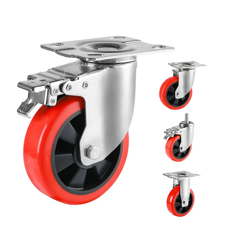 Công nghiệp đôi Bi Caster bánh xe 3/4/5/6inch đỏ Polyurethane xoay Caster bánh xe với phanh