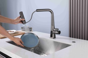 Robinet de cuisine intelligent numérique en laiton, tendance <span class=keywords><strong>TikTok</strong></span>, avec pulvérisateur extractible rotatif, cascade et pluie, eau chaude et froide - Product Image 5