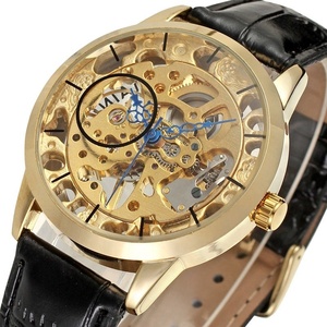 Montre mécanique squelette pour homme, style business décontracté, automatique, dorée, avec bracelet en cuir noir, montre de luxe pour homme - Product Image 1