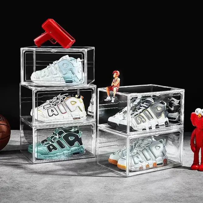 Boîte de rangement en plastique Transparent pour chaussures, conteneur magnétique empilable pliable en plastique Transparent PET en acrylique pour baskets et chaussures, vente en gros