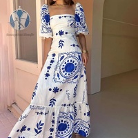 Robe longue imprimée à épaules dénudées et manches bouffantes, personnalisable, vente en gros d'usine, idéale pour les vacances, les rendez-vous et les fêtes