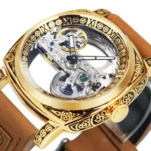 Forsining Square Transparent Skeleton Automatic Watch for Men Retro Engraved Case Luxury Luminous Golden Bridge Belt Male Clock