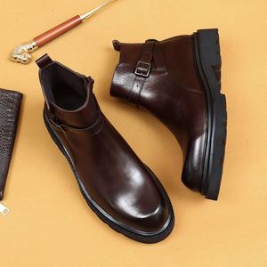 Bottes d'hiver de style britannique haut de gamme, confortables, en cuir véritable, type Chukka, pour hommes d'affaires, noires, à bout Chelsea, à enfiler - Product Image 4