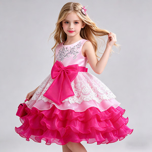 Robe de demoiselle d'honneur pour filles, robe tutu rose en dentelle avec nœud, pour fête de mariage, anniversaire, spectacle - Product Image 1