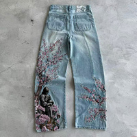 Jean en denim délavé coupe droite taille haute style vintage hip-hop streetwear, personnalisé par le fabricant, pour l'automne, avec boutons effet usé
