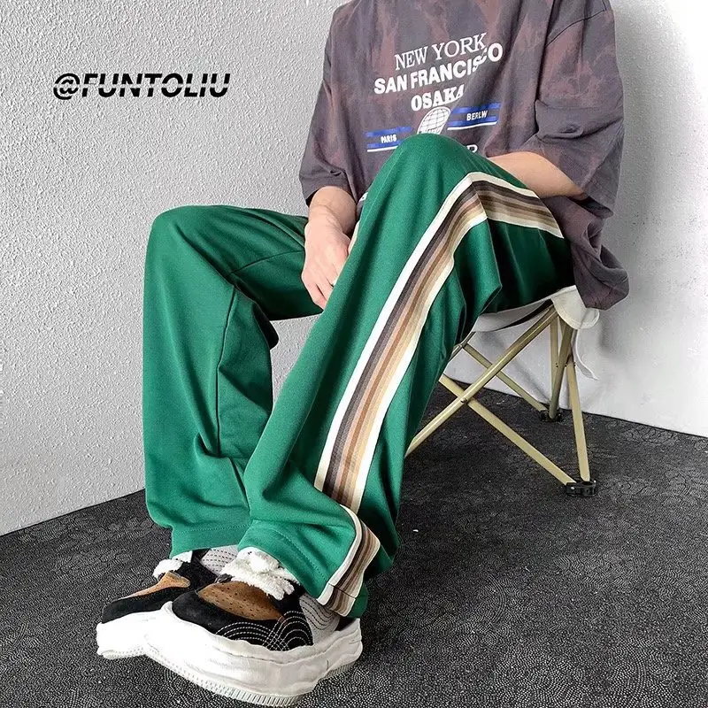 American retro striped sweatpants street hip hop straight bump color slacks men plus size sweatpants