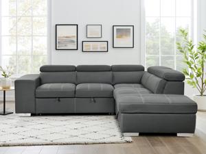 أريكة قطاعية مع مسند رأس قابل للتعديل، أريكة قابلة للتحويل إلى سرير مع مساحة تخزين ومقعدين، لون رمادي فحمي - Product Image 3