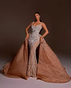 定制奢华舞会礼服意大利面条带幻觉无背美人鱼可拆卸火车法庭礼服前庭 - Product Image 4