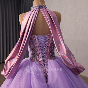 251139 Elegante Vestido de Quinceañera Morado con Escote Corazón, Perlas, Apliques de Cristal y Cuentas, Sin Mangas, Cola Capilla - Product Image 6