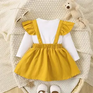 0-24M Autumn Infant Baby Girls Lovely Dress Bear Embroidery Patchwork Long Sleeve Round Neck Ruffled A-Line Dress Sets