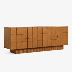 Meuble TV en bois massif à mosaïque à carreaux rétro, base à motif vertical ondulé, comptoir rectangulaire long à grande capacité de rangement - Product Image 2