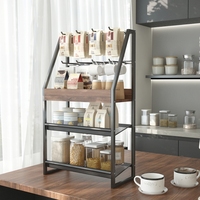 Organisateur de bar à café à trois niveaux avec crochets pour tasses et paniers inclinés, étagère de rangement pour comptoir de cuisine