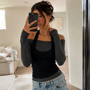 Women's 2 Piece Off Shoulder <b>Top</b> Halter Neck Stretchy Fitted Long Sleeve Casual Streetwear Blouse - Product Image 4