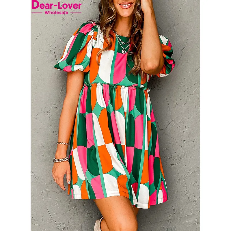 Dear-Lover grosir gaun pendek Label pribadi gaun Mini lengan Puff motif abstrak untuk wanita