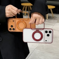 Casing HP iPhone 16 Pro Tpu Pc Magnetic Ring Stand Rotasi 360 Airbag Anti Benturan Warna Merah Ceri Oranye Grosir