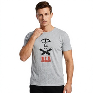 <b>Men's</b> Gray Short Sleeve T-Shirt with Front Letter Print Regular Fit <b>Turtleneck</b> Formal Style Knitted Cotton Breathable - Product Image 1